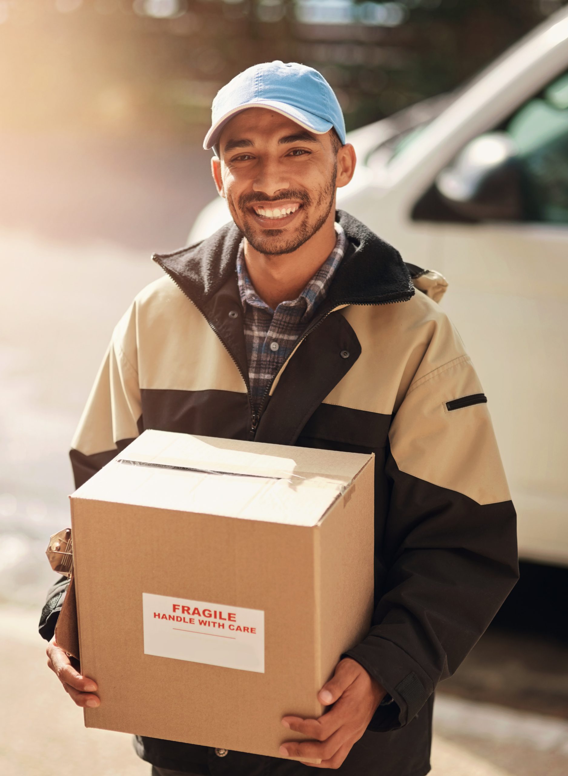 Delivery man, smile and box in portrait by van for transportation, supply chain and stock. Person, courier and happy with package by car on street for service with product, ecommerce and shipping.